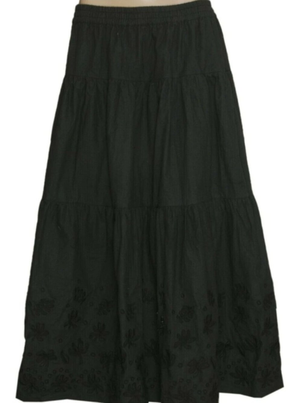 Skall Studio Embroidered Skirt Black Elastic Waistband Cotton Maxi M